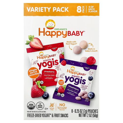 Happy Family Organics, Happy Baby®, Organic Yogis, Freeze Dried Yogurt & Fruit Snacks, Crawling Baby, Variety Pack, 8 Pouches, 0.25 oz (7 g) Each