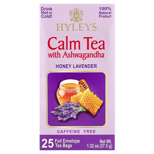 Hyleys Tea, Calm Tea with Ashwagandha, Honey Lavender, Caffeine Free, 25 Foil Envelopes Tea Bags, 1.32 oz (37.5 g)