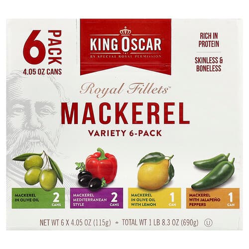King Oscar, Royal Fillets, Mackerel, Variety 6-Pack, 6 Cans, 4.05 oz (115 g) Each