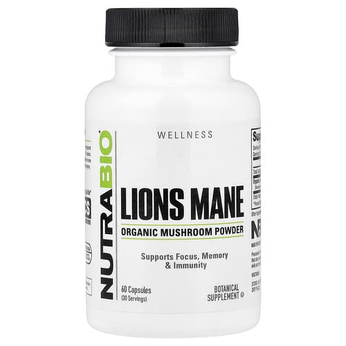 NutraBio, Wellness, Organic Lions Mane, 60 Capsules (0.5 g per Capsule)