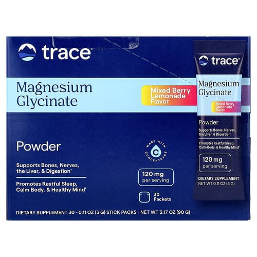 Trace, Magnesium Glycinate Powder, Mixed Berry Lemonade, 30 Packets, 0.11 oz (3 g) Each
