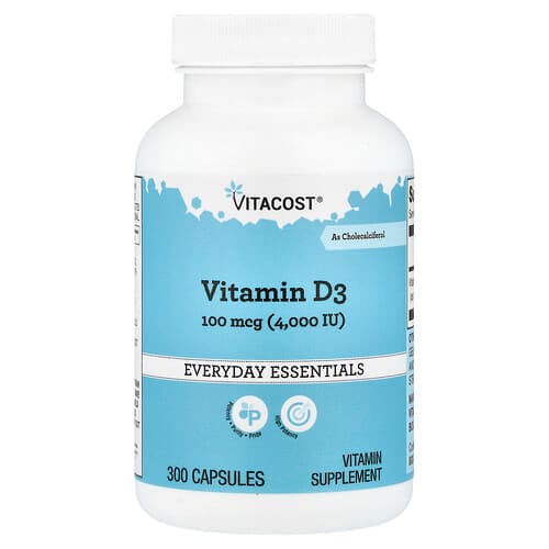 Vitacost, Everyday Essentials, Vitamin D3, 100 mcg (4000 IU), 300 Capsules