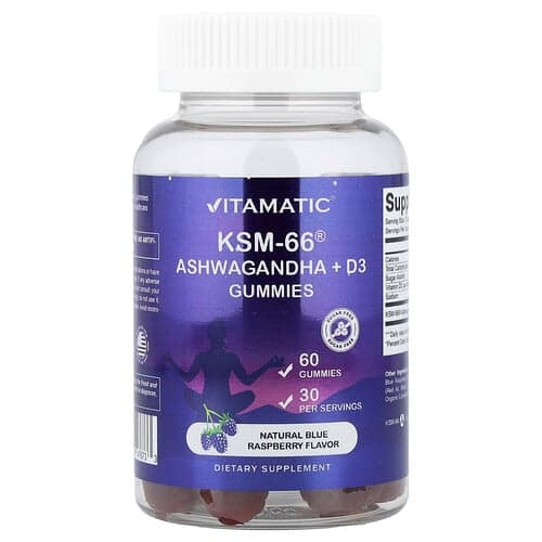 Vitamatic, KSM-66® Ashwagandha + D3 Gummies, Natural Blue Raspberry, 60 Gummies