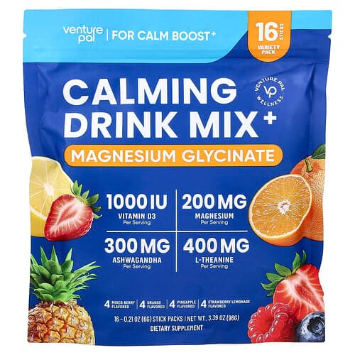 Venture Pal, Calming Drink Mix+, Magnesium Glycinate, Variety, 16 Stick Packs, 0.21 oz (6 g) Each