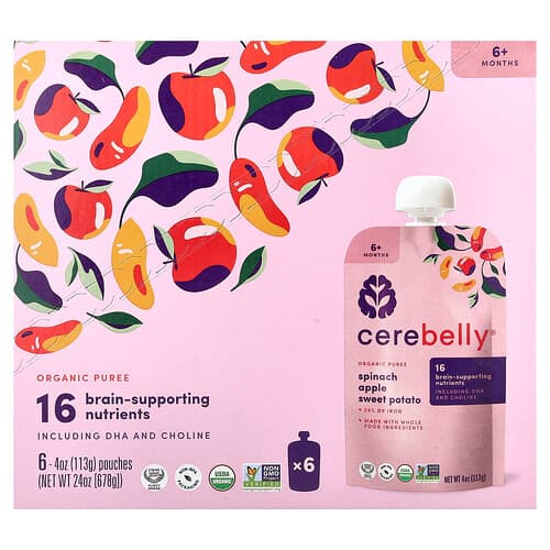 Cerebelly, Organic Puree, 6+ Months, Spinach, Apple, Sweet Potato, 6 Pouches, 4 oz (113 g) Each