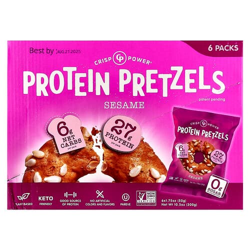 Crisp Power, Protein Pretzels, Sesame, 6 Bags, 1.75 oz (50 g) Each