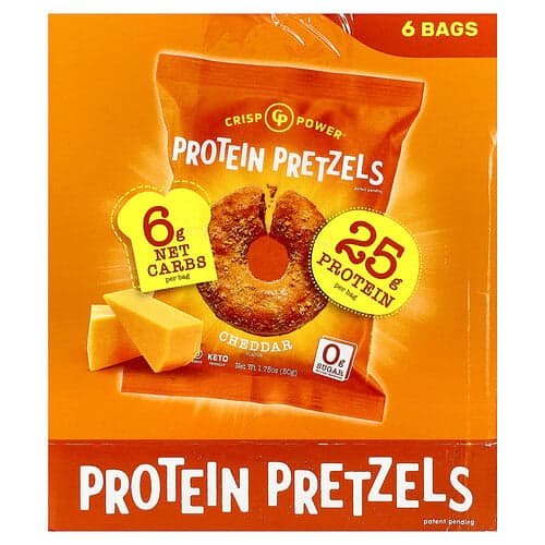 Crisp Power, Protein Pretzels, Cheddar, 6 Bags, 1.75 oz (50 g) Each