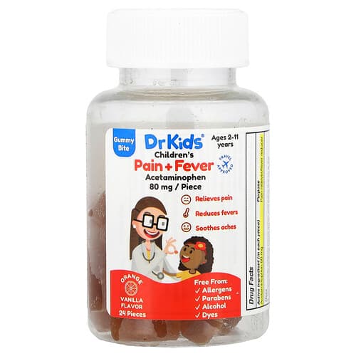 DrKids, Children's Pain + Fever Gummy Bite, Ages 2-11 Years, Orange Vanilla, 24 Gummies