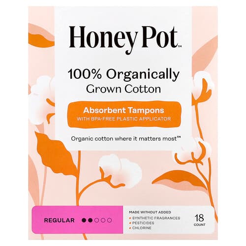 The Honey Pot Company, 100% Organically Grown Cotton Absorbent Tampons, Regular, 18 Count