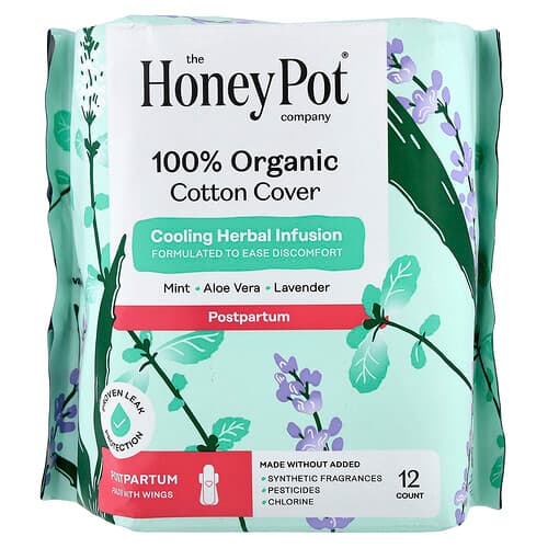 The Honey Pot Company, Organic Cooling Herbal Infusion, Pads with Wings, Postpartum , 12 Count