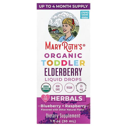MaryRuth's, Organic Toddler Elderberry Liquid Drops, 1-3 Years, Blueberry + Raspberry, 1 fl oz (30 ml)