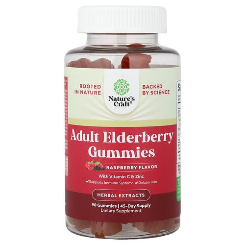 Nature's Craft, Adult Elderberry Gummies with Vitamin C & Zinc, Raspberry, 90 Gummies