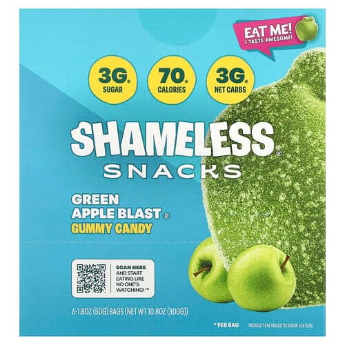 Shameless Snacks, Gummy Candy, Green Apple Blast®, 6 Bags, 1.8 oz (50 g) Each