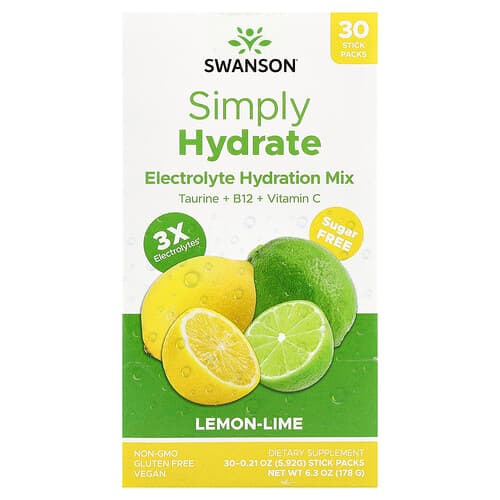 Swanson Vitamins, Simply Hydrate, Electrolyte Hydration Mix, Lemon-Lime, 30 Stick Packs, 0.21 oz (5.92 g) Each