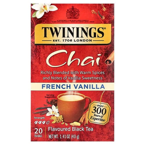 Twinings, Flavored Black Tea, Chai, French Vanilla, 20 Tea Bags, 1.41 oz (40 g)